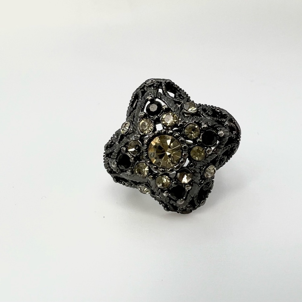 Black Filigree Rhinestone Premier Design Cocktail Ring Clear  Black Stone Accent